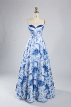 Wholesale Blue-and-White Porcelain Print Strapless Evening Gown 33387b