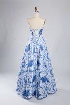 Wholesale Blue-and-White Porcelain Print Strapless Evening Gown 33387b