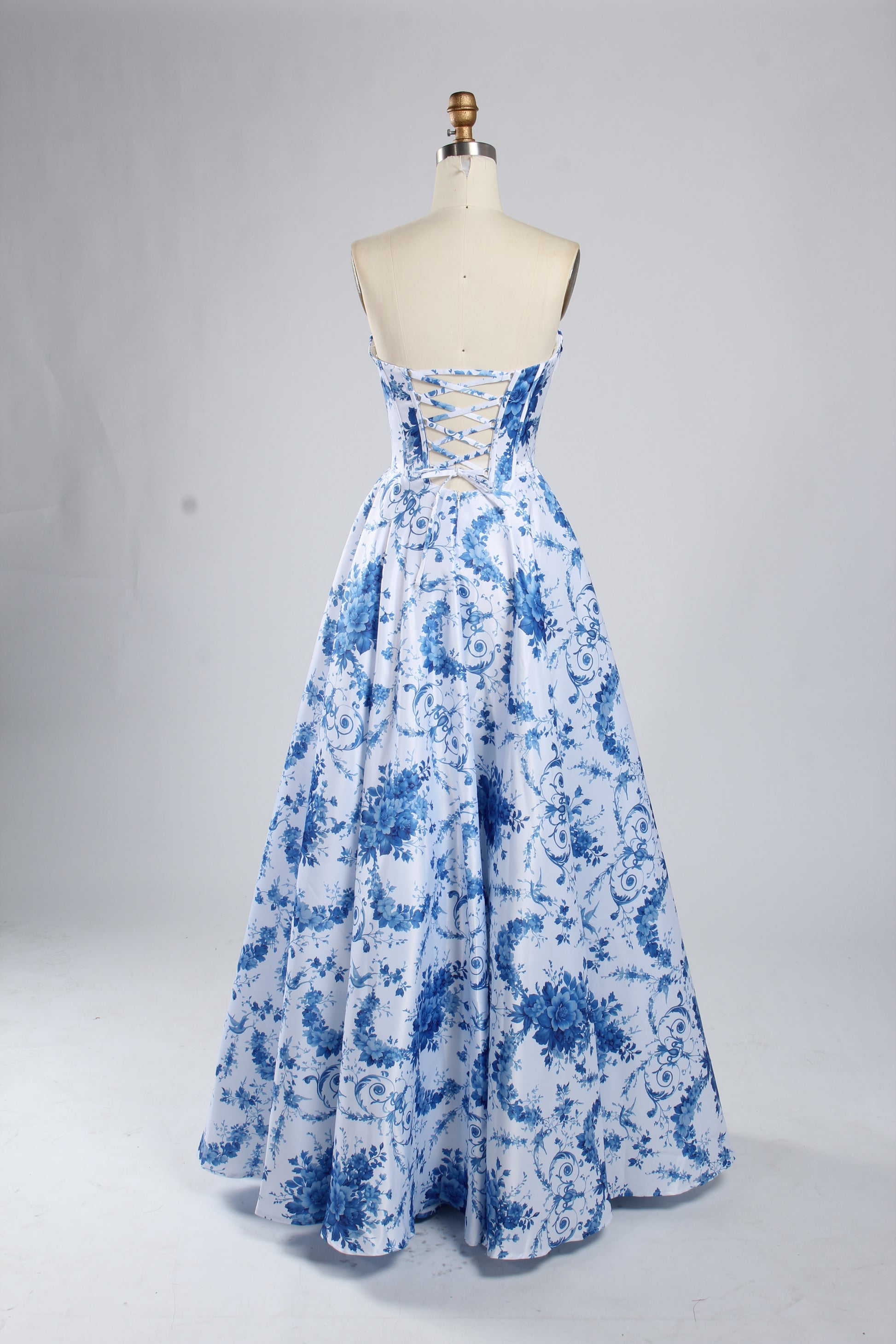 Wholesale Blue-and-White Porcelain Print Strapless Evening Gown 33387b