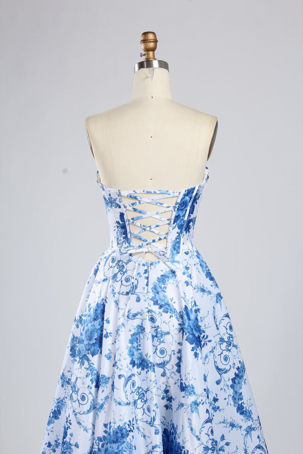 Wholesale Blue-and-White Porcelain Print Strapless Evening Gown 33387b