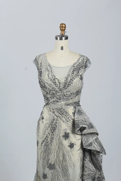 Beaded Fit-and-Flare Evening Dress with Short with Cap Sleeves MK063