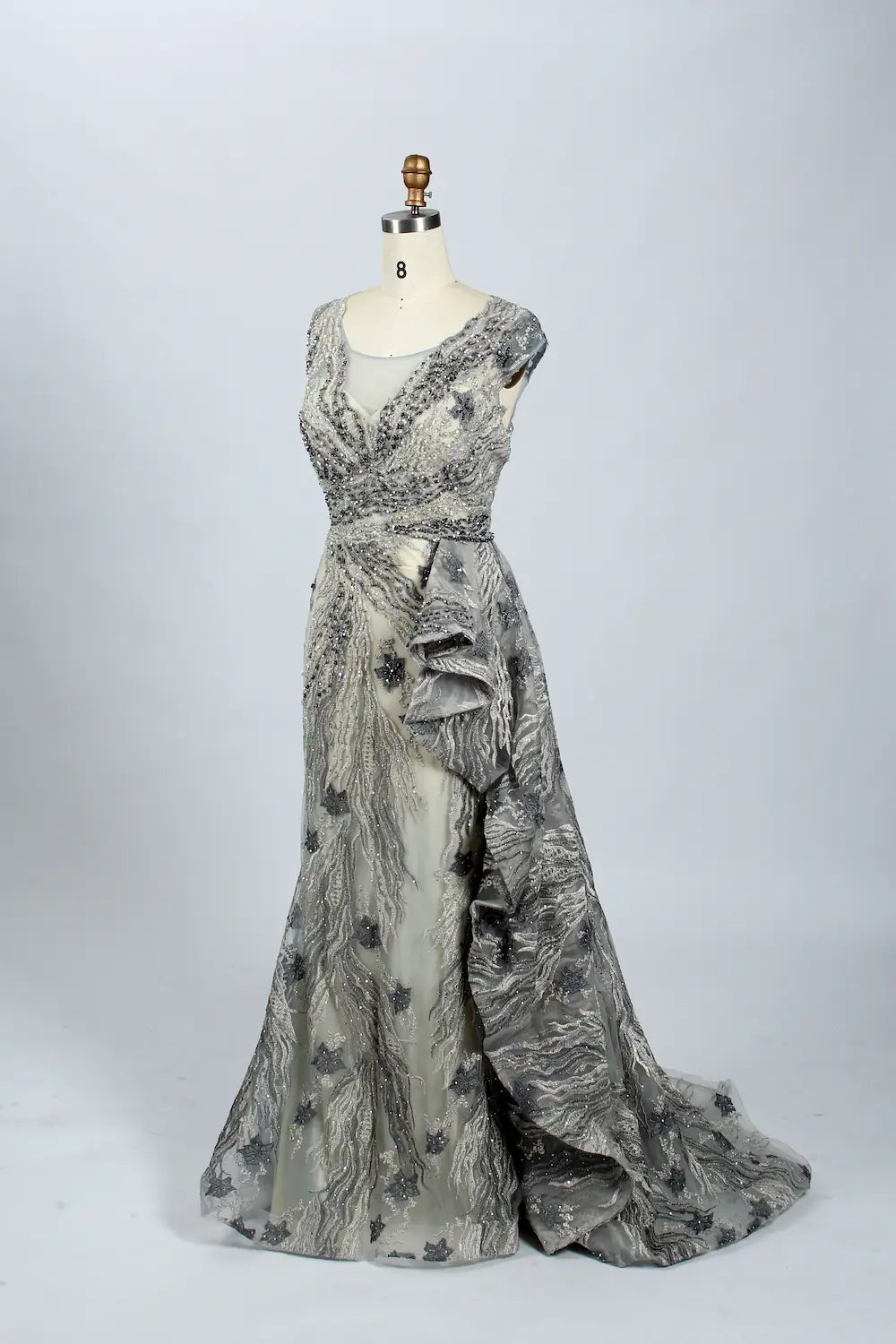 Beaded Fit-and-Flare Evening Dress with Short with Cap Sleeves MK063