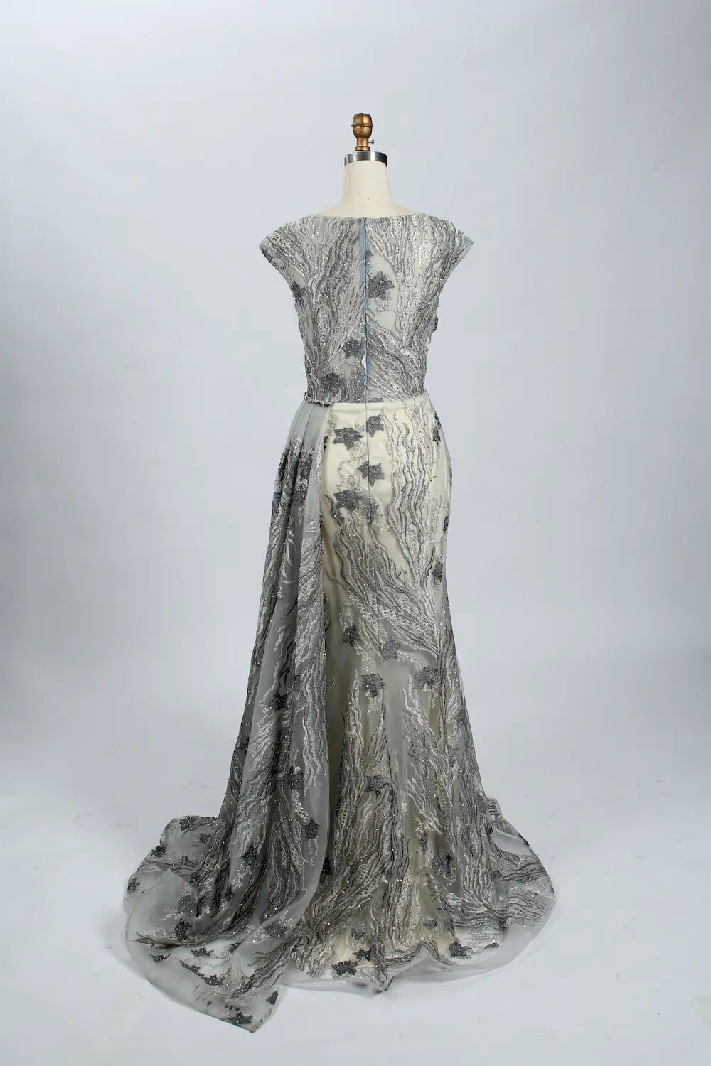Beaded Fit-and-Flare Evening Dress with Short with Cap Sleeves MK063