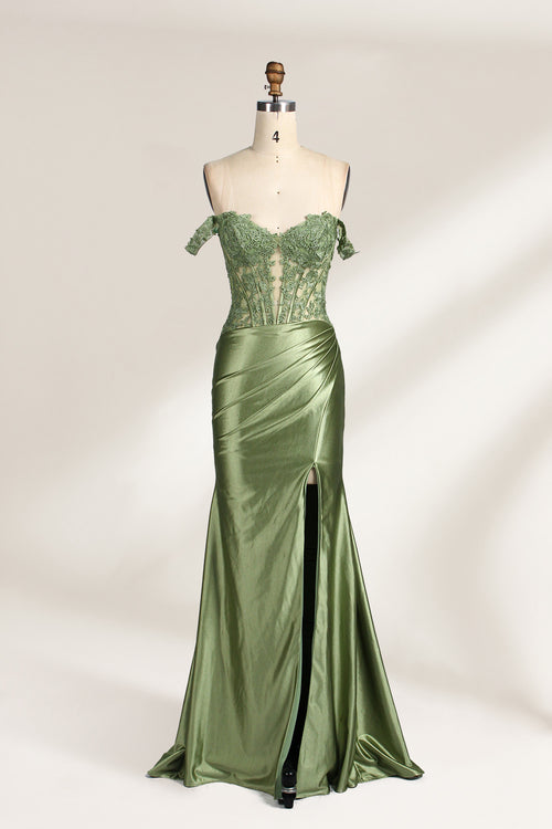 A mannequin showcases an olive - green gown. It has off - the - shoulder, lace - detailed sleeves, a sheer bodice with floral embroidery, and a high side slit. The elegant design, blending satin and lace, suits formal events like galas, radiating charm.1