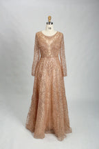 Sequin illusion long-sleeve A-line mother of the bride dress, V-neck, champagne-gold beading.