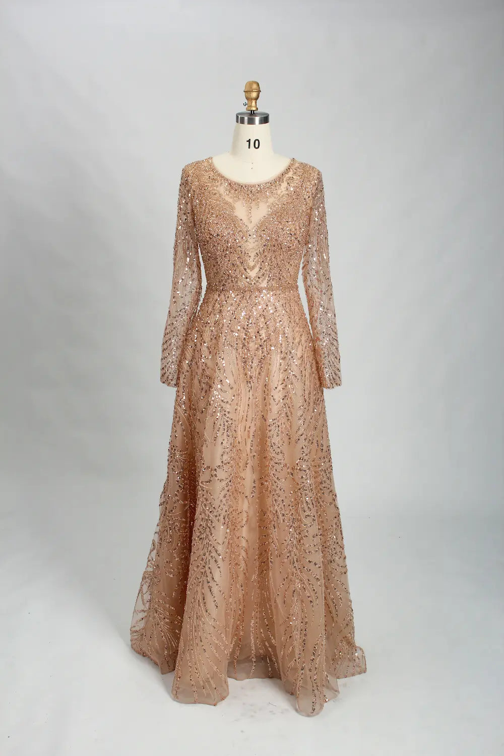 Sequin illusion long-sleeve A-line mother of the bride dress, V-neck, champagne-gold beading.