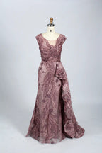 Beaded Fit-and-Flare Evening Dress with Short with Cap Sleeves MK063