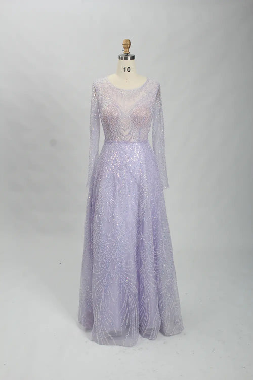 Iridescent illusion long-sleeve A-line mother of the bride dress, V-neck, lavender sequins.
