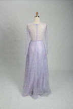 Lavender illusion long-sleeve A-line mother of the bride dress, sheer sleeves, back view.