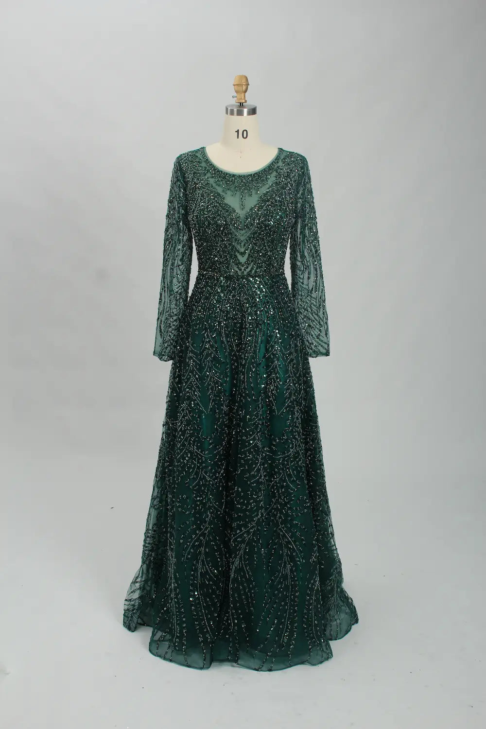 Dark green glitter illusion long-sleeve A-line mother of the bride dress, V-neck beading.