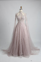 Beaded High Neck A-Line Mother of the Bride Dress with Cape Sleeves KS038