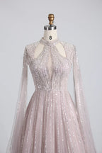 Beaded High Neck A-Line Mother of the Bride Dress with Cape Sleeves KS038