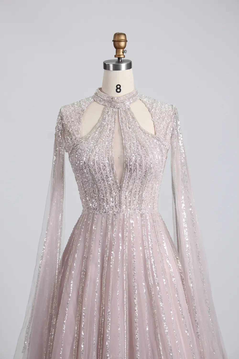 Beaded High Neck A-Line Mother of the Bride Dress with Cape Sleeves KS038