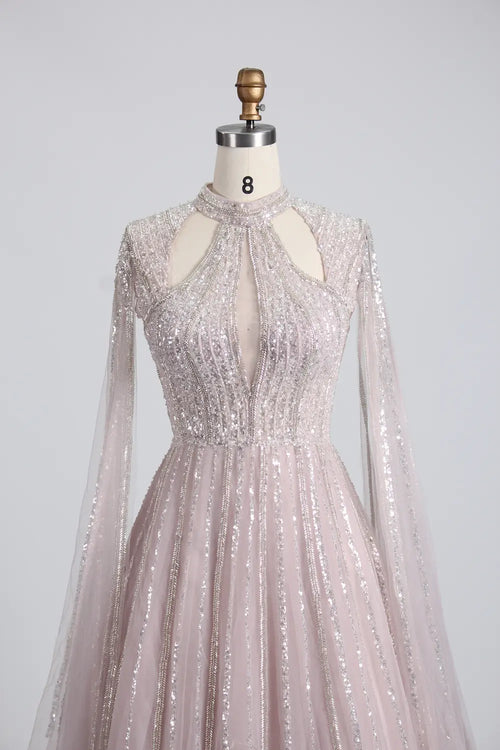 Beaded High Neck A-Line Mother of the Bride Dress with Cape Sleeves KS038