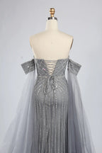 Off-the-Shoulder Beaded Draped Sleeves Mermaid Mother of the Bride Dress KY051
