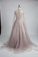 Beaded High Neck A-Line Mother of the Bride Dress with Cape Sleeves KS038