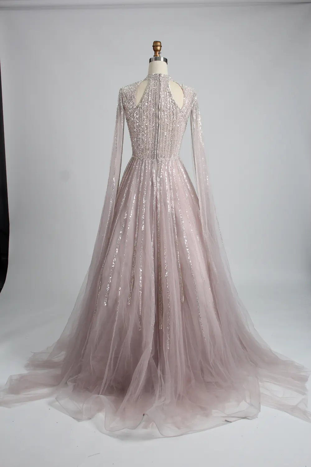 Beaded High Neck A-Line Mother of the Bride Dress with Cape Sleeves KS038