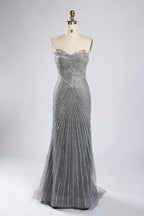 Classic Silver Grey Beaded Cape Sleeves Mother of the Bride Dress KY052