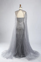 Classic Silver Grey Beaded Cape Sleeves Mother of the Bride Dress KY052