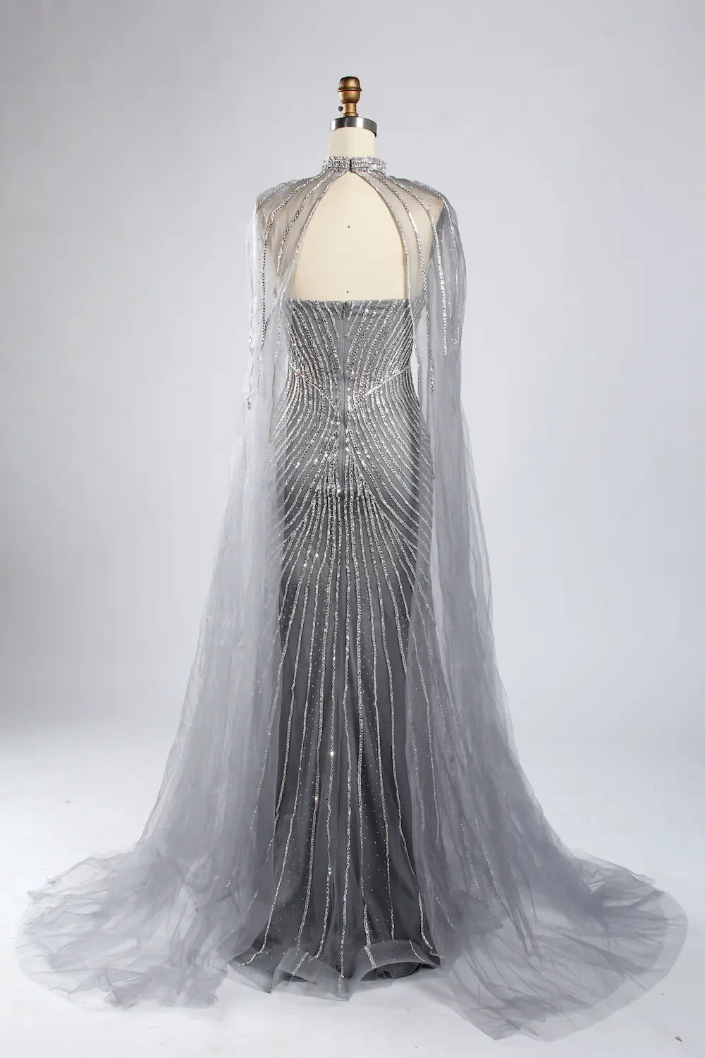 Classic Silver Grey Beaded Cape Sleeves Mother of the Bride Dress KY052