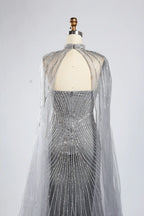Classic Silver Grey Beaded Cape Sleeves Mother of the Bride Dress KY052