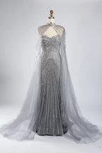 Classic Silver Grey Beaded Cape Sleeves Mother of the Bride Dress KY052