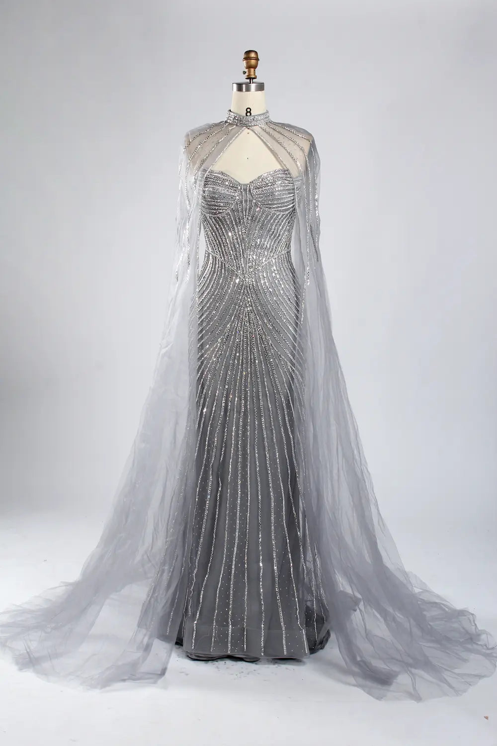 Classic Silver Grey Beaded Cape Sleeves Mother of the Bride Dress KY052
