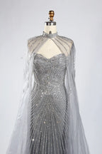 Classic Silver Grey Beaded Cape Sleeves Mother of the Bride Dress KY052