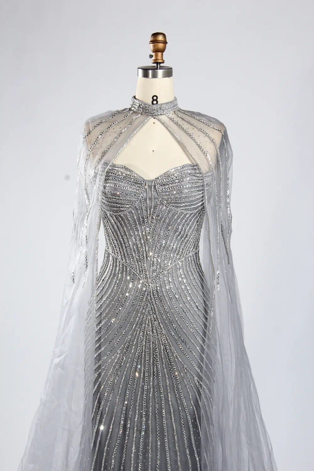 Classic Silver Grey Beaded Cape Sleeves Mother of the Bride Dress KY052