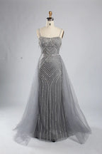 Pink Beaded Sequin Mermaid Evening Dress with Tulle Overskirt KY050