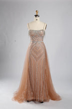 Pink Beaded Sequin Mermaid Evening Dress with Tulle Overskirt KY050