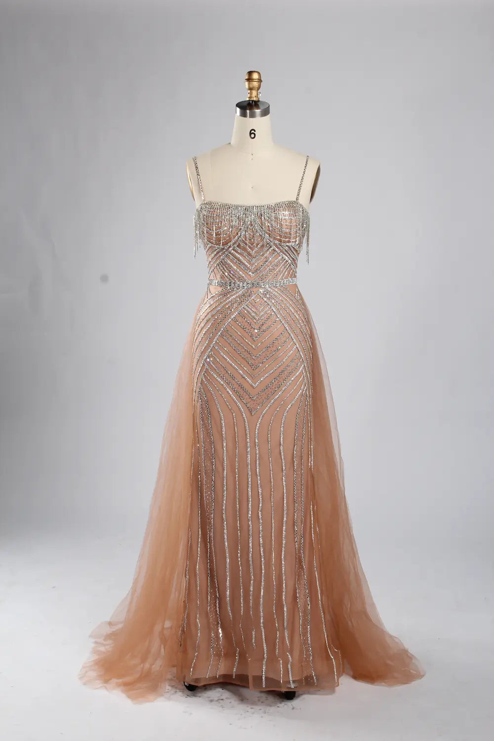 Pink Beaded Sequin Mermaid Evening Dress with Tulle Overskirt KY050