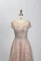 Blush Pink Sophisticated A-Line Mother of the Bride Dress with Short Sleeves MC082