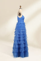 A mannequin showcases a light - blue tulle gown. It has thin straps, a V - neck, and tiered, ruffled skirt. The sparkling tulle and layered design add romance, perfect for formal events like weddings, radiating charm.4
