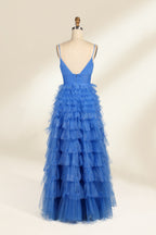 A mannequin showcases a light - blue tulle gown. It has thin straps, a V - neck, and tiered, ruffled skirt. The sparkling tulle and layered design add romance, perfect for formal events like weddings, radiating charm.5