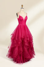 A mannequin showcases a magenta - tulle gown. It has thin straps, a V - neck, and tiered, ruffled skirt. The sparkling tulle and layered design add romance, perfect for formal events like proms, radiating glamour.4