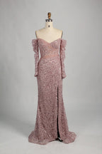 Mauve sequin off-shoulder sheath evening dress with side slit