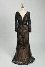 Beaded V-Neck Long Sleeve Black Mother of the Bride Dress MC107