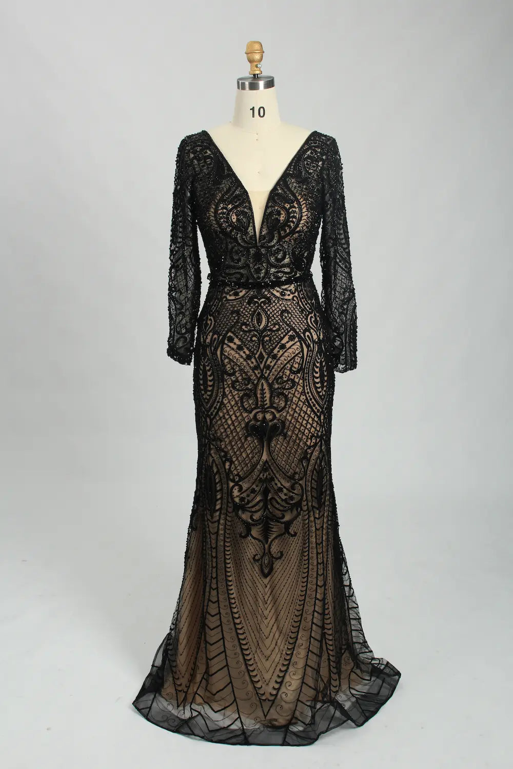 Beaded V-Neck Long Sleeve Black Mother of the Bride Dress MC107