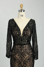 Beaded V-Neck Long Sleeve Black Mother of the Bride Dress MC107