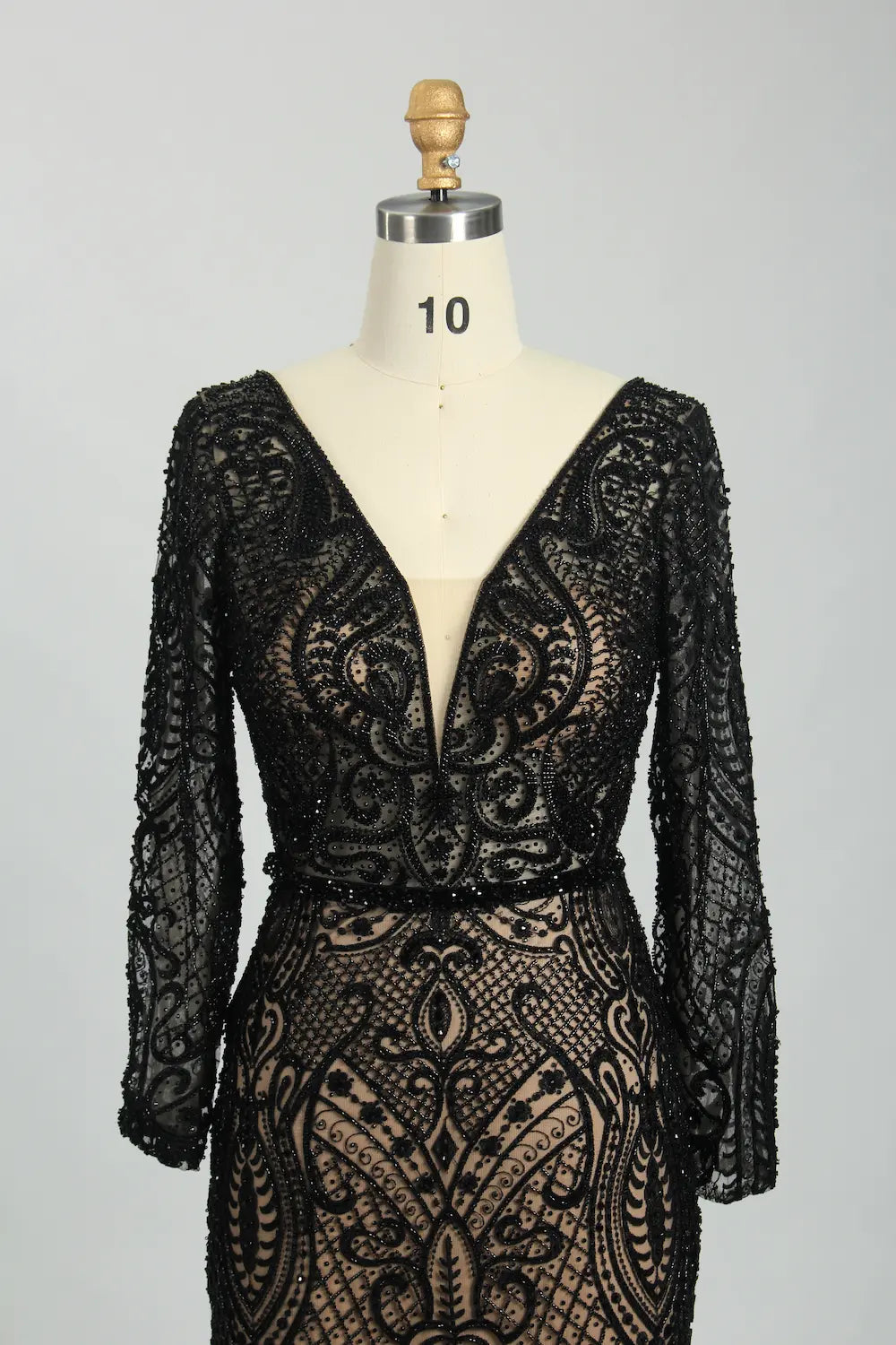 Beaded V-Neck Long Sleeve Black Mother of the Bride Dress MC107