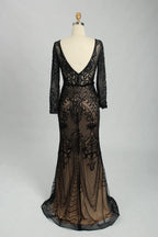 Beaded V-Neck Long Sleeve Black Mother of the Bride Dress MC107