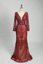 Beaded V-Neck Long Sleeve Black Mother of the Bride Dress MC107
