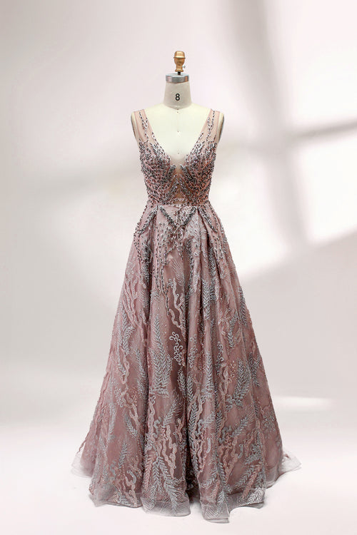 Presented on a mannequin is a mauve evening gown. It features a deep V - neckline, intricate floral embroidery with bead accents, and a flowing skirt. The elegant design creates a romantic and sophisticated look, perfect for formal events.1