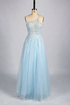 Light Blue One-Shoulder Sequin A-Line Evening Dress KY039
