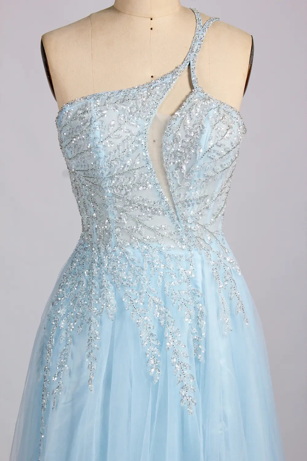 Light Blue One-Shoulder Sequin A-Line Evening Dress KY039