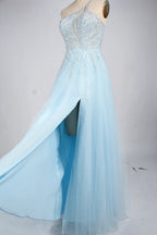 Light Blue One-Shoulder Sequin A-Line Evening Dress KY039