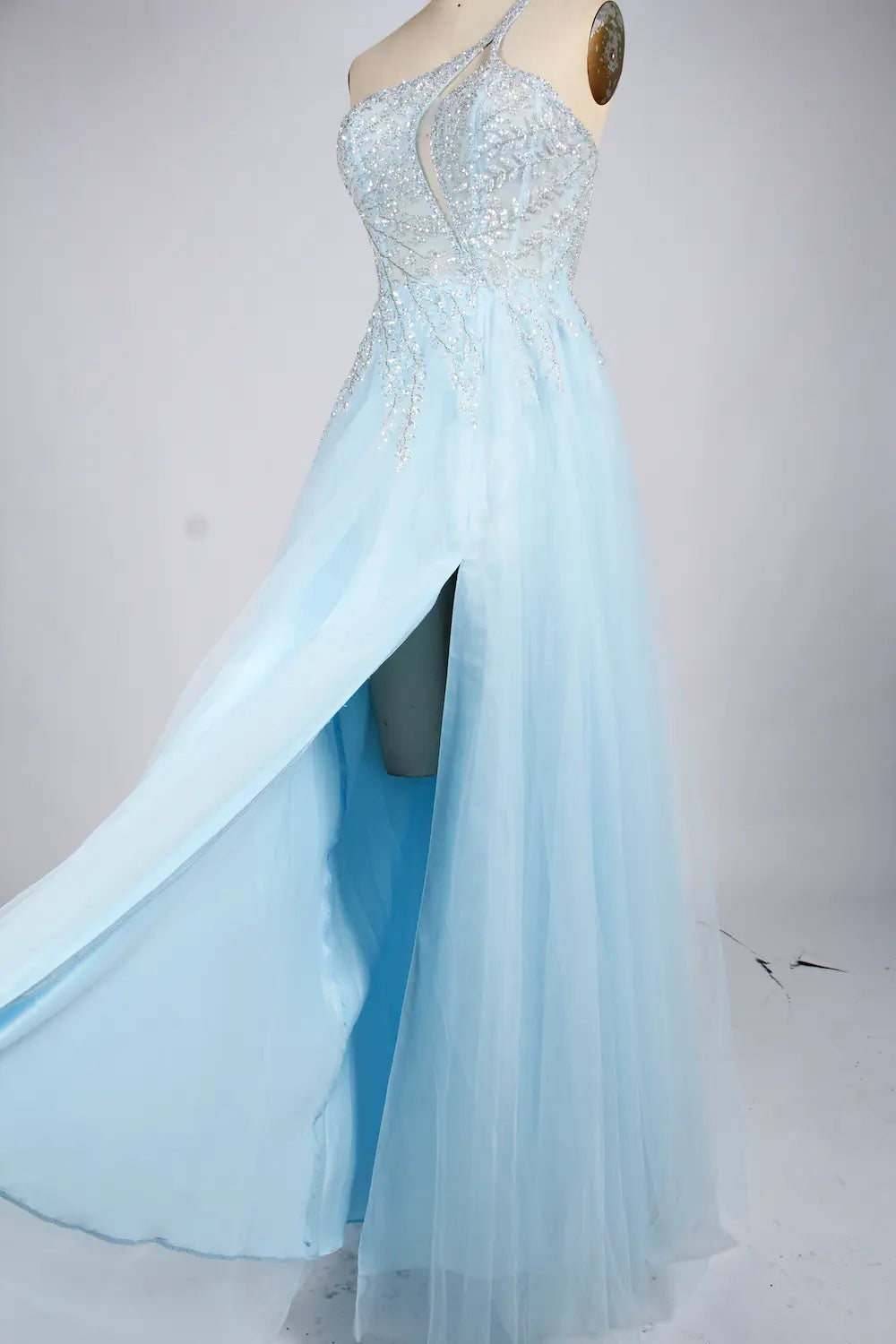 Light Blue One-Shoulder Sequin A-Line Evening Dress KY039