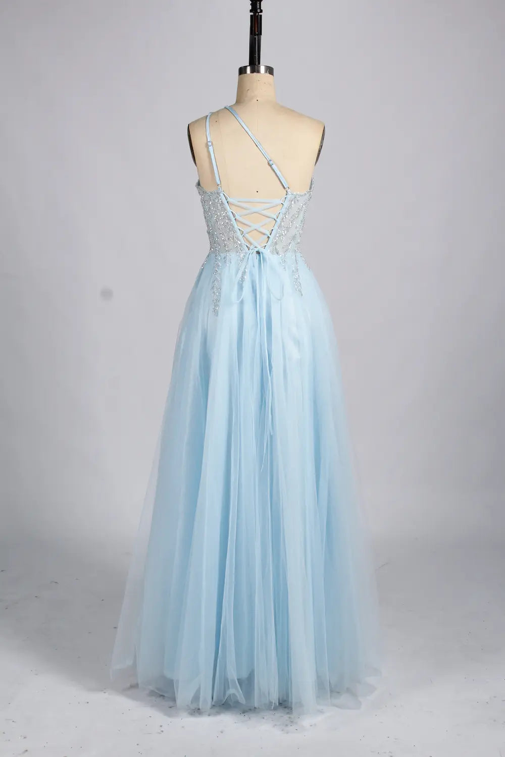 Light Blue One-Shoulder Sequin A-Line Evening Dress KY039