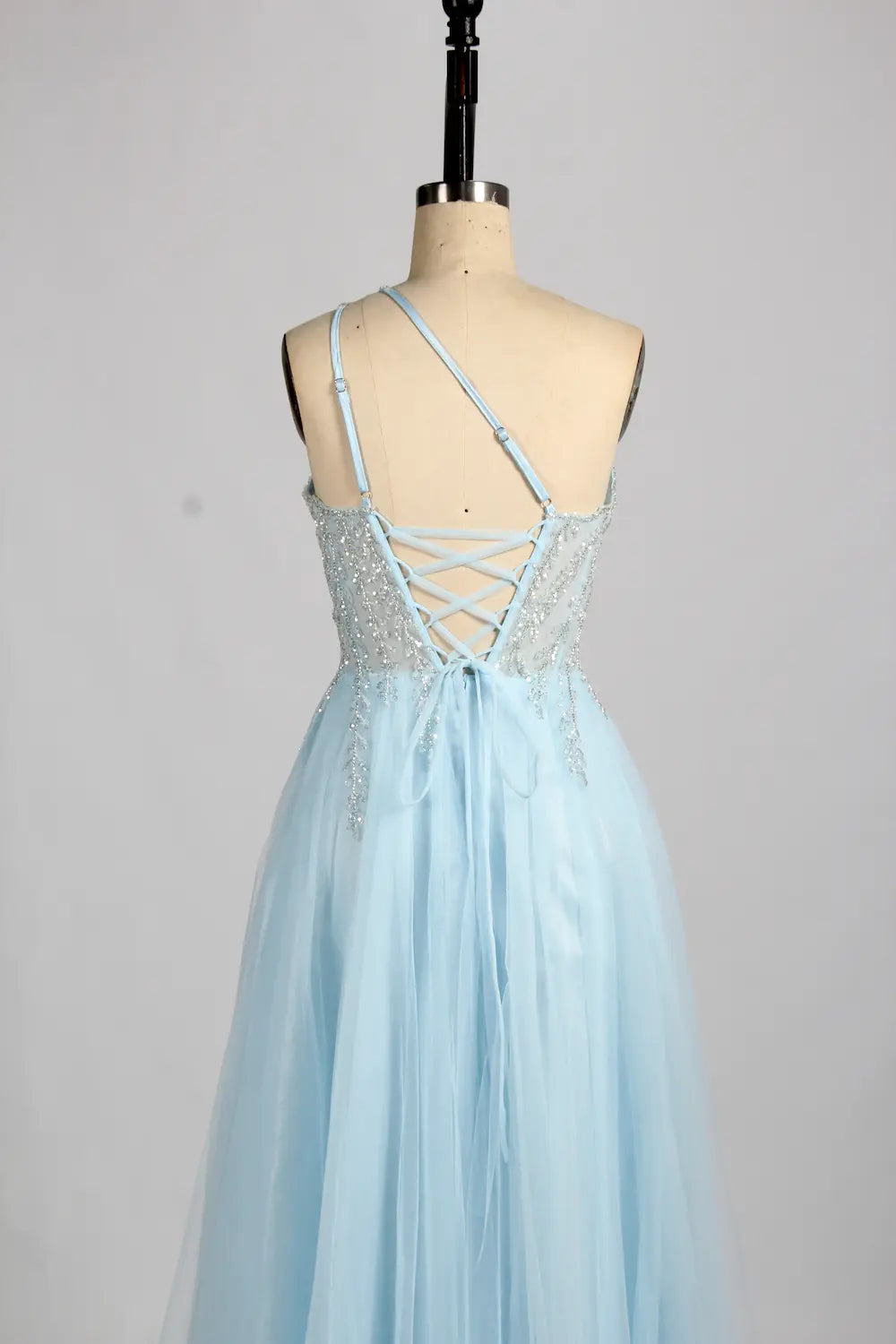 Light Blue One-Shoulder Sequin A-Line Evening Dress KY039